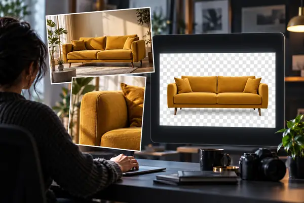 A mustard sofa shown in overlapping product photographs, including a checkerboard background preview, beside a refined dark API interface.
