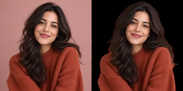 Wide before-and-after portrait of a woman in a rust-colored sweater: a muted pink studio setting on the left and a checkerboard transparency preview on the right.