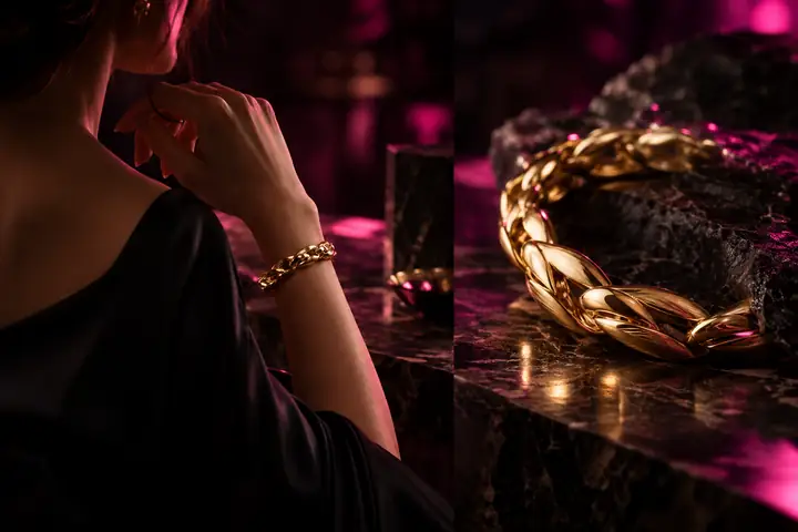 Dark editorial jewelry photography graphic with two close-up views of a gold bracelet and subtle magenta lighting.