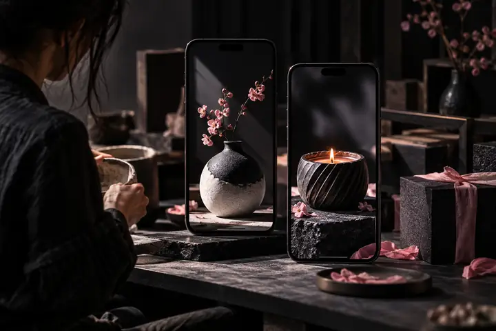 Dark editorial graphic featuring two phones displaying carefully lit handmade products, with restrained pink accents.