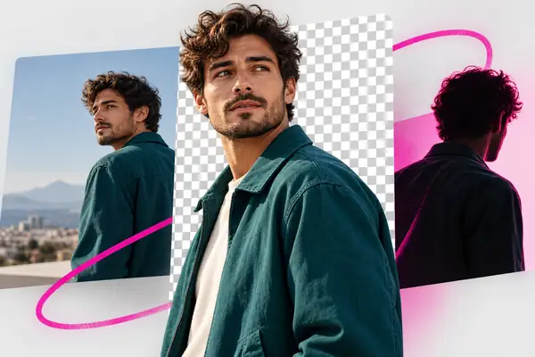 Layered editorial images of a man in a teal jacket, with one image showing a checkerboard background-removal preview and subtle magenta accents.