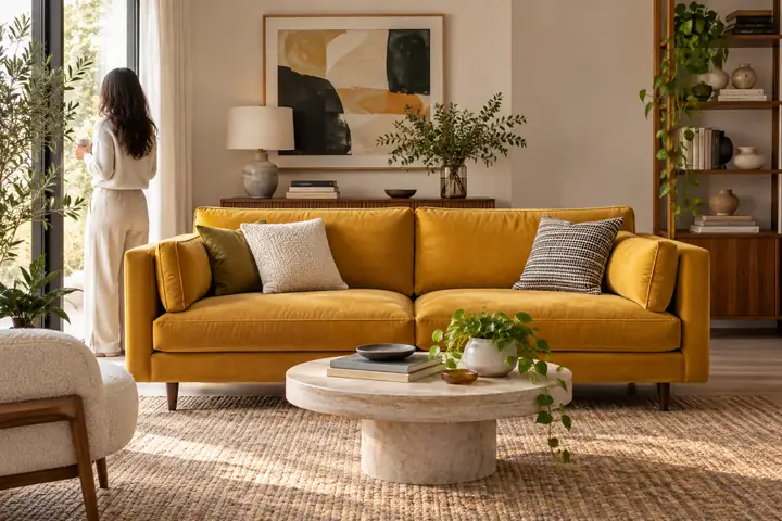 Mustard-colored sofa in a contemporary room, photographed straight on in soft daylight.