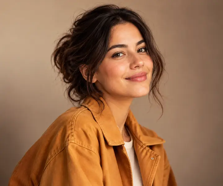 Studio portrait of a person in a warm-toned jacket, softly lit against a simple background.