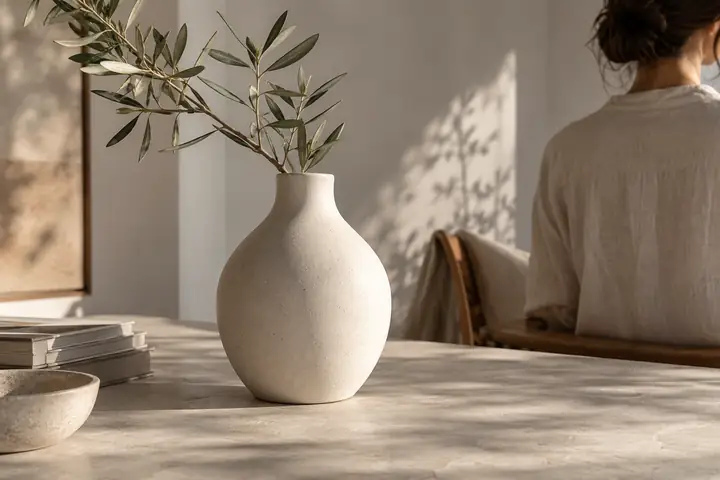 Minimal ceramic vase photographed on a pale tabletop with gentle natural shadows.